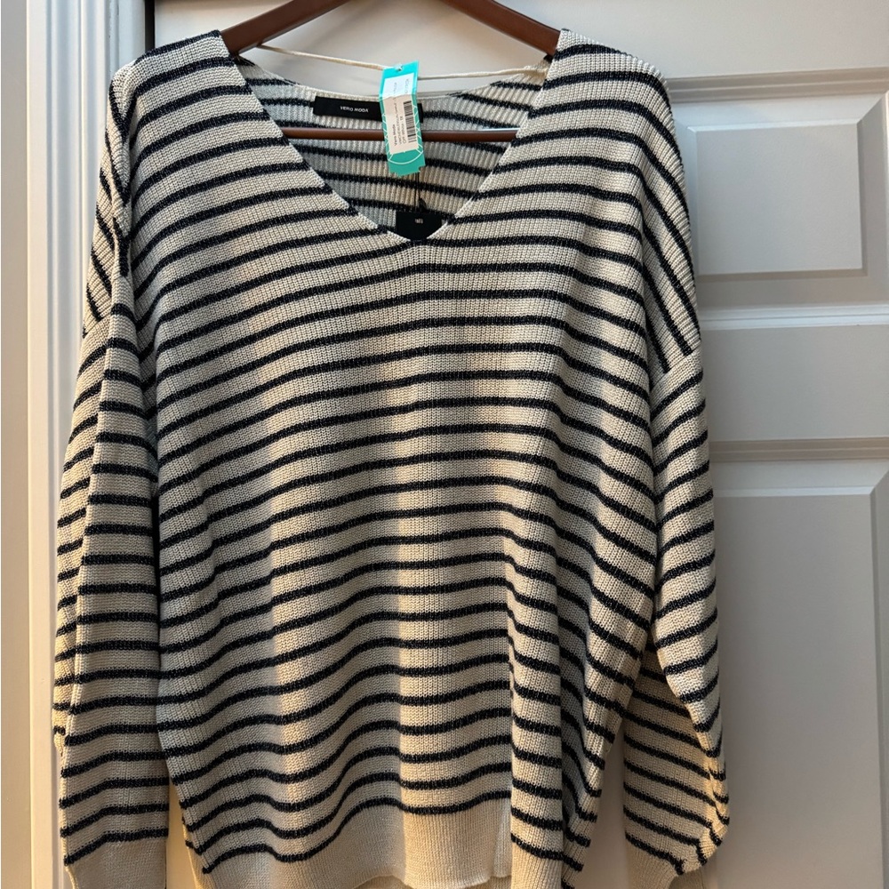 NWT Vero Moda Black and Cream Striped V-Neck Sweater